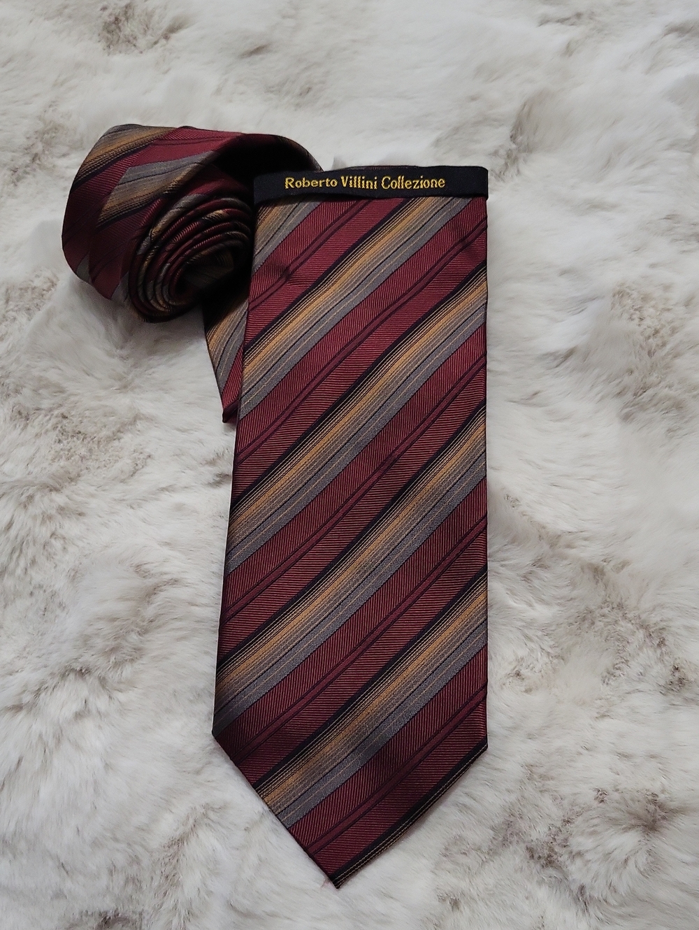 Roberto Villini Collezione Burgundy Striped Silk Handmade Tie